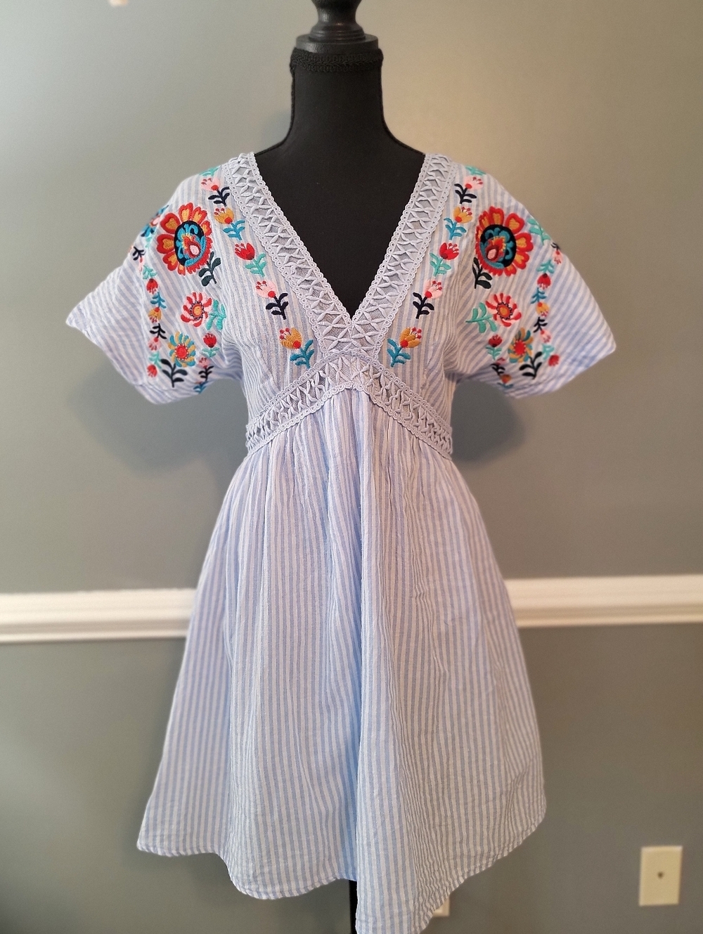 Altar'd State Blue & White Striped Embroidered V-Neck Dress